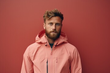 Obraz premium Portrait of a glad man in his 20s wearing a windproof softshell against a solid pastel color wall. AI Generation