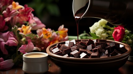 A glass of milk with chocolate being poured out ,Chocolate day, Valentines Day, Valentines week 
 - obrazy, fototapety, plakaty