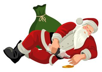 Man in Santa Claus suit in a drunken state, holding an empty alcohol bottle. This satirical image touches on the juxtaposition of holiday joy and the challenges faced during social and economic crises