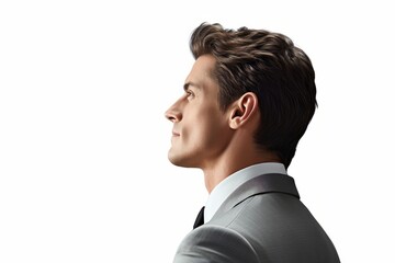 elegance fashion model male man in fineformal suit cloth portrait profile view standing against white wall backdrop successful business vision and determination concept