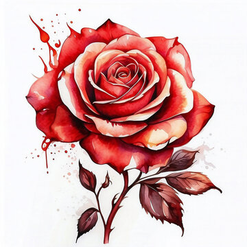 Watercolor red rose with splash paint effect