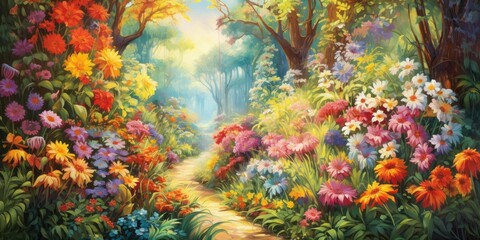 Fototapeta na wymiar Enchanted Garden - Lush Greenery and Colorful Blooms - Nature's Canvas in Full Bloom