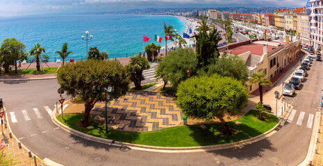 Aerial panoramic view of beach and Old town in sunny day, Nice, French Riviera, Cote d'Azur, France