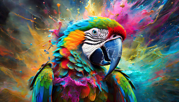 Colorful Macaw Parrot Bird exploding colors - Paint platter explosion of rainbow colors  