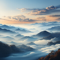  gentle clouds resembling delicate morning mists floating over a serene landscape