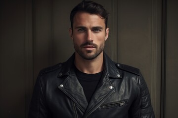 Fototapeta premium Portrait of a content man in his 30s sporting a classic leather jacket against a bare concrete or plaster wall. AI Generation