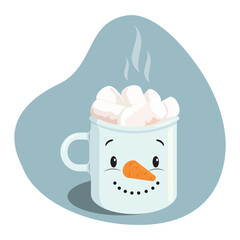 cup of hot cocoa with marshmallows and cute snowman design, vector illustration