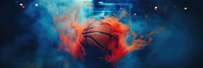 Basketball in the center enveloped by orange smoke on a breathtaking blue smoke in basketball court - obrazy, fototapety, plakaty