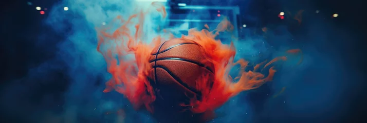 Fotobehang Basketball in the center enveloped by orange smoke on a breathtaking blue smoke in basketball court © kiddsgn