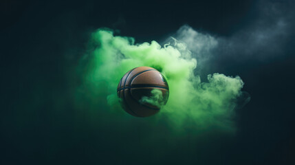 Basketball in green Smoke on Black Background, epic sport banner
