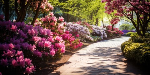 Ecological Elegance - Lush Trees Blooming in a Radiant Ornamental Garden - Soft Focus Capturing the Earth's Splendor 