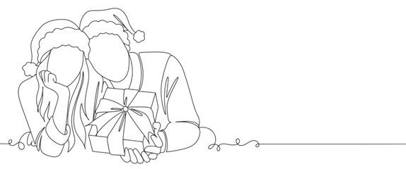 happy couple in christmas line art style vector illustration. Linear stylized.Minimalist.