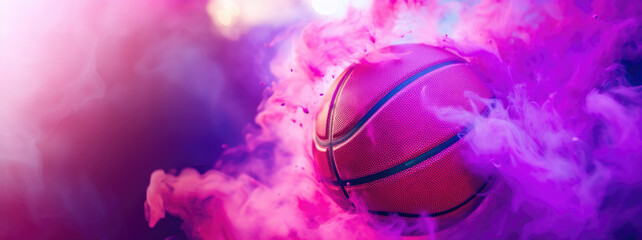Basketball Emerging from Pink Smoke in a vibrant panorama background, power and energy concept wallpaper, place for your text  - obrazy, fototapety, plakaty