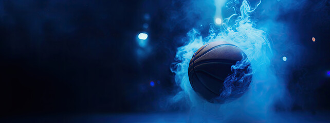 Panorama banner with basketball in dark with smoke with spotlights, blue night background, mystic atmosphere  - obrazy, fototapety, plakaty