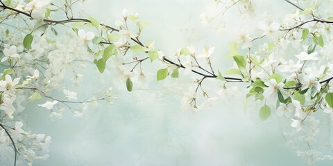 Spring Foliage Elegance - Leaves and Delicate Flowers Creating a Beautiful Background - Light Palette Enhancing Nature's Grace