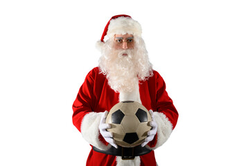 santa claus ready to the soccer match with soccerball in hand