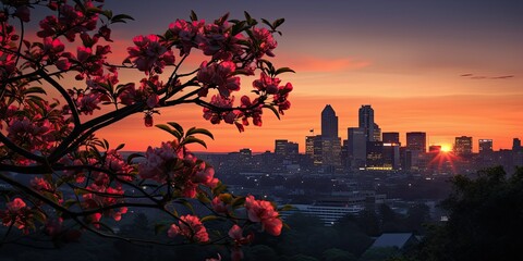 City Sunset Blossoms - Tree Flowers Silhouetted Against the City Skyline - Capturing Nature's Beauty in Urban Twilight 