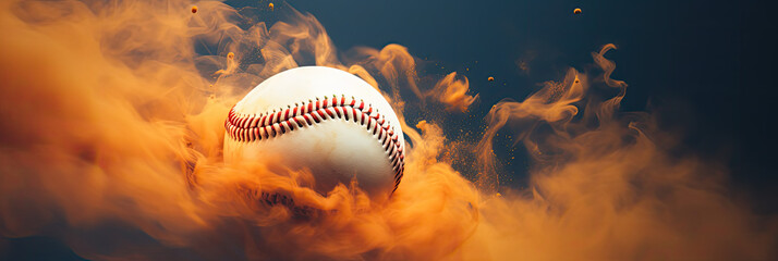 creative panorama banner with baseball in orange cloud of smoke  - obrazy, fototapety, plakaty