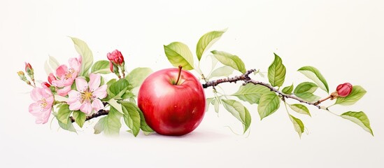 A beautiful watercolor painting of a vibrant red apple, surrounded by green leaves and pink flowers, is delicately created on a white paper with a white background, showcasing the artistry and the