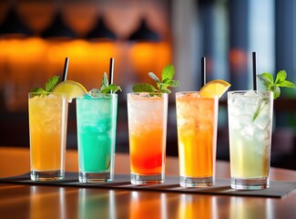 Colorful cocktails with ice in glasses on bar counter or restaurant, assortment of fresh drinks orange punch, mojito, margarita cocktail, tropical mule Generative AI