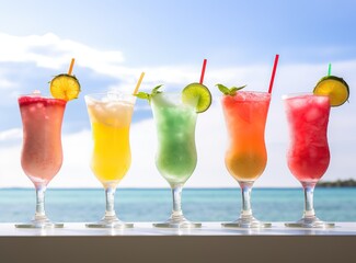 Colorful cocktails with ice in glasses on bar against backdrop of sea, assortment of fresh summer drinks red sangria, orange punch, margarita cocktail, tropical mule etc Generative AI