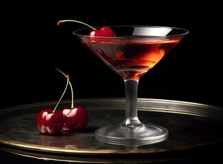Glass with cherry cocktail on steel tray, cocktail with whiskey and red vermouth garnished with cocktail maraschino cherry in martini glass concept of party Generative AI - obrazy, fototapety, plakaty