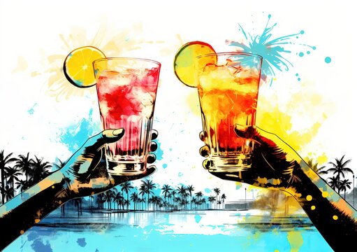 Two cocktails with ice in hands on a sea and palm background, close up of two glasses with bright drinks cocktail party beach bar summer holiday concept watercolor picture Generative