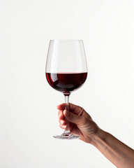 hand holding a glass of red wine on white background, icon for template business presentation  