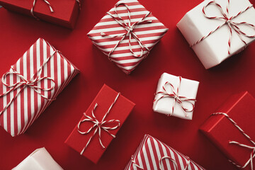Color gift boxes on color background, flat lay