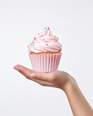 cupcake with pink frosting and colorful sprinkles placed in one hand on a white background, a birthday snack template, homemade concept  