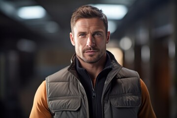 Obraz premium Portrait of a glad man in his 30s dressed in a water-resistant gilet against a empty modern loft background. AI Generation