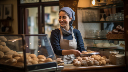 A spontaneous capture of the cheerful woman running a bakery and managing the shop, providing exceptional customer care while preparing an order to a satisfied customer in her store.