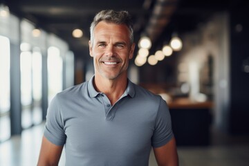 Obraz premium Portrait of a cheerful man in his 40s donning a classy polo shirt against a empty modern loft background. AI Generation