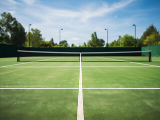 Obraz premium A pristine tennis court with a meticulously outlined and impeccably maintained white boundary lines.