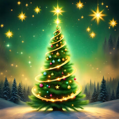 A beautiful creative close-up view of a decorative Christmas tree with colorful luminous bulbs on a green background