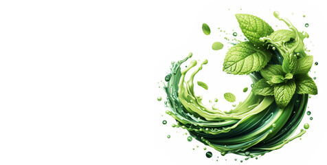 Herbal tea drink wave splash with green tea leaves and water flow, realistic vector. Green tea leaves with isolated water spill flow, ice tea fresh drink or lemonade drops splash. Generative AI. - obrazy, fototapety, plakaty