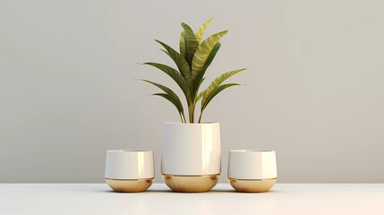 A plant in a white vase on a white table with gold trimmings and a gold base with three white cups