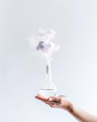 a scientist's hand with a test tube during an experiment, cloud of smoke on a white background 