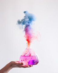 hand holding a flask with colored liquid, magic rainbow cloud isolated on a white background 