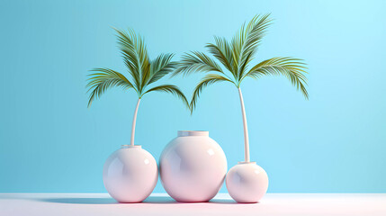 A set of three white vases sitting on top of a blue surface next to a palm tree and a round object