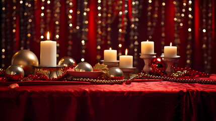 A table topped with candles and ornaments on top of a table covered in christmas decorations and lights and a red curtain