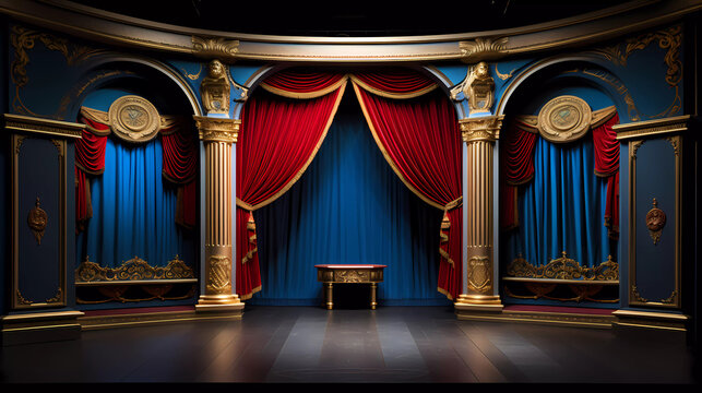 A stage with a red curtain and a blue stage with a gold trim and a red curtain and a black floor