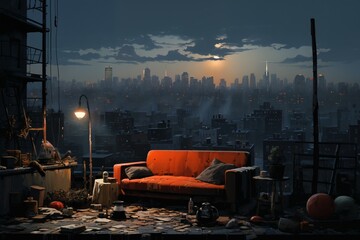 sofa on roof of high-rise building, shabby and cluttered, view of modern metropolis with skyscrapers at sunset - obrazy, fototapety, plakaty