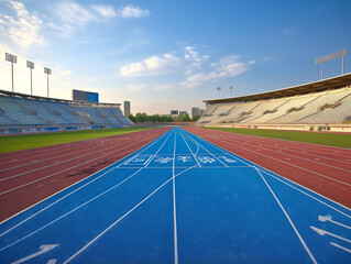 A bustling track and field stadium with athletes competing in various field events.