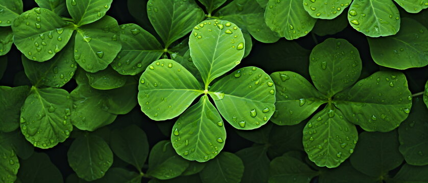 St. Patrick's Day Concept: Saint Patrick's Day Celebration, Natural Green Foliage with Shamrocks on a Shallow Depth of Field Photo. Focus on Biggest Leaf.Generative ai