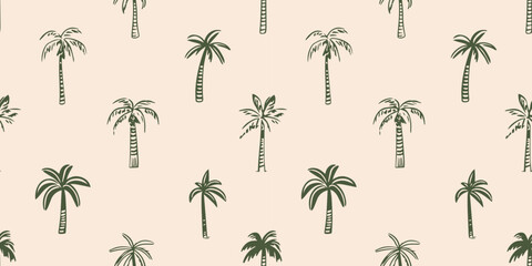 Fototapeta premium Hand drawn palm tree doodle seamless pattern illustration. Colorful hawaiian print, summer vacation background in vintage art style. Tropical plant painting wallpaper texture.