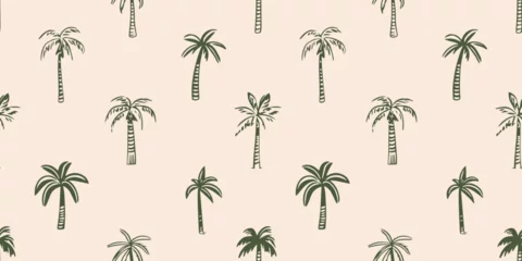 Poster Hand drawn palm tree doodle seamless pattern illustration. Colorful hawaiian print, summer vacation background in vintage art style. Tropical plant painting wallpaper texture. © Dedraw Studio