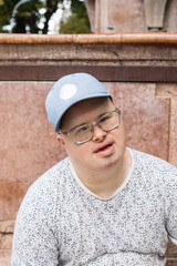 Close up portrait of a man with Down's syndrome