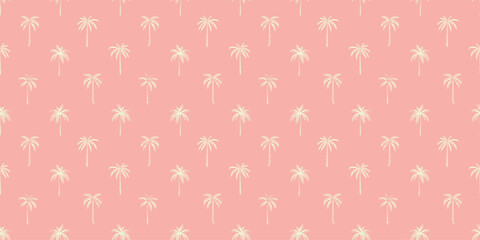 Hand drawn palm tree doodle seamless pattern illustration. Colorful hawaiian print, summer vacation background in vintage art style. Tropical plant painting wallpaper texture. © Dedraw Studio