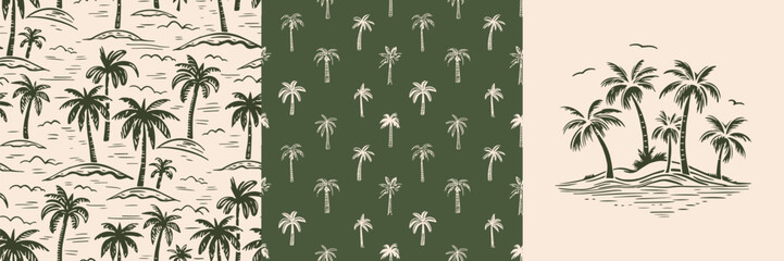 Hand drawn palm tree doodle seamless pattern set. Colorful hawaiian print, summer vacation background collection in vintage art style. Tropical plant painting illustration bundle. - obrazy, fototapety, plakaty